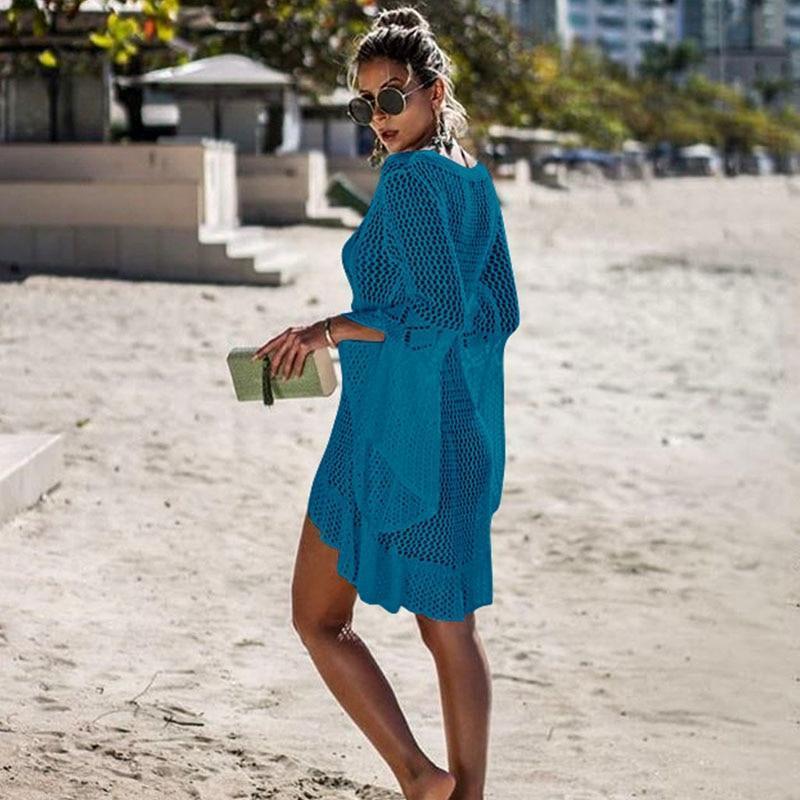 Women’s Crochet Beach Cover-Up Dress – V-Neck, Drawstring Waist, Bell Sleeves