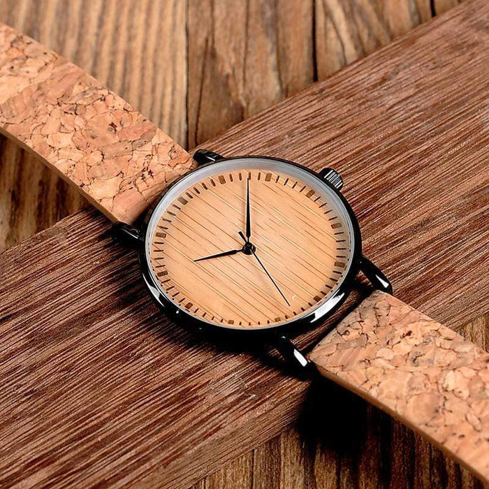 BOBO BIRD Reloj de madera de bambú con correa de corcho 