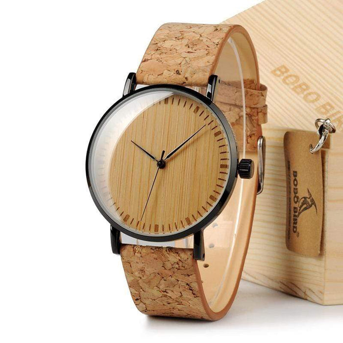 BOBO BIRD Reloj de madera de bambú con correa de corcho 