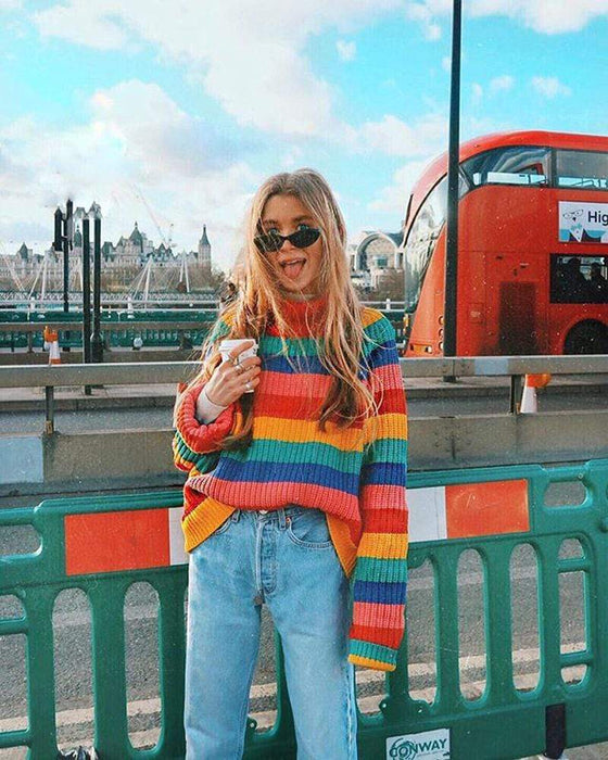 Rainbow Striped Turtleneck Sweater