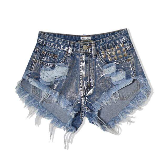 Shorts-denim met klinknagels en scheur 