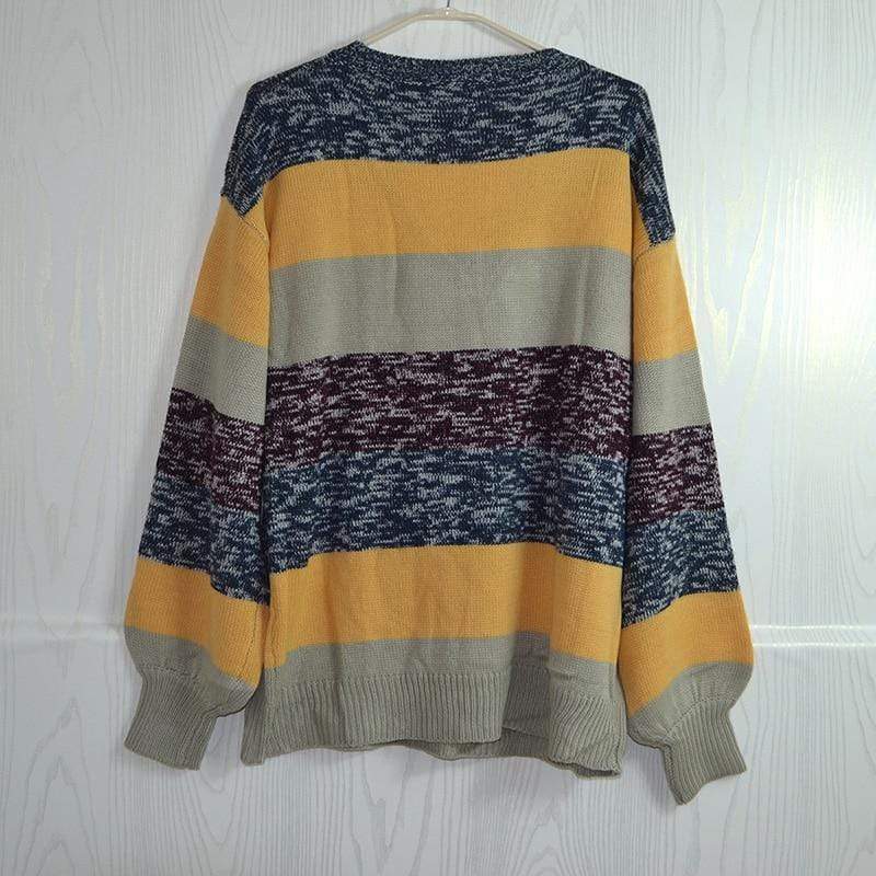 Puffy Sleeves Striped V Neck Sweater