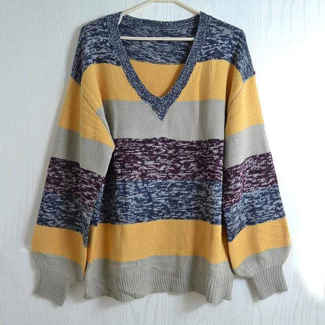 Puffy Sleeves Striped V Neck Sweater