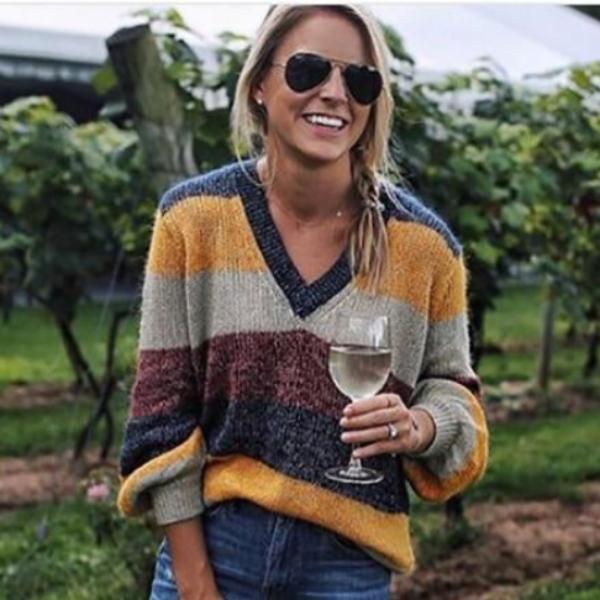 Puffy Sleeves Striped V Neck Sweater