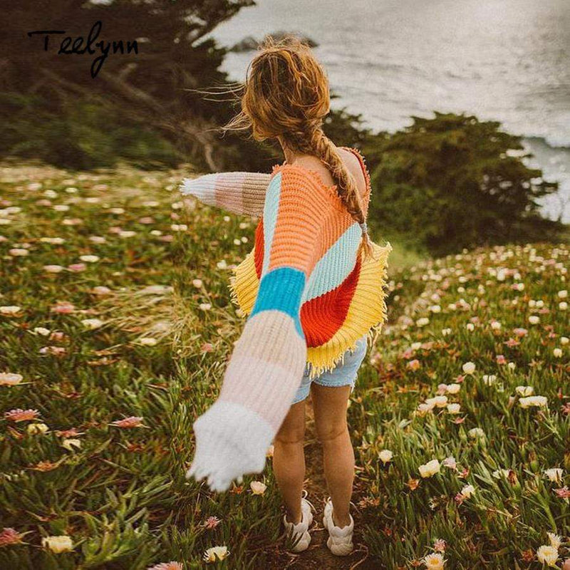 Loose Ripped Knit Striped Sweater