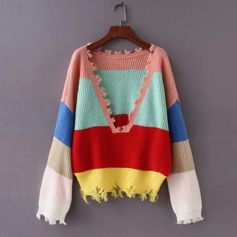 Loose Ripped Knit Striped Sweater