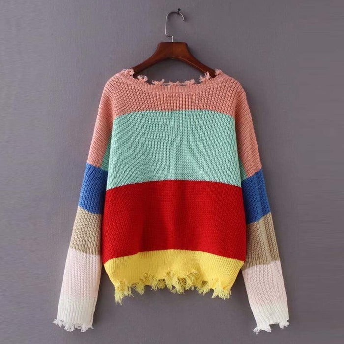 Loose Ripped Knit Striped Sweater