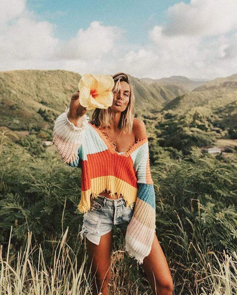 Loose Ripped Knit Striped Sweater