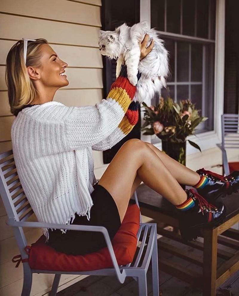 Loose Ripped Knit Striped Sweater