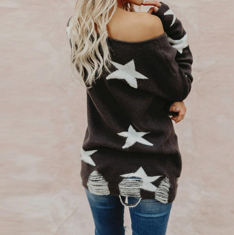 Star Printed Ripped Sweater