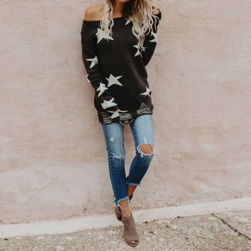 Star Printed Ripped Sweater