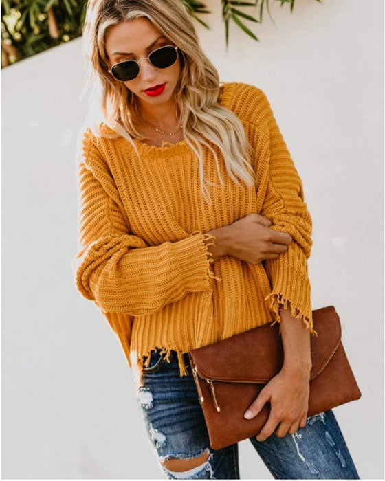 Yellow Fringed Edges Knit Sweater