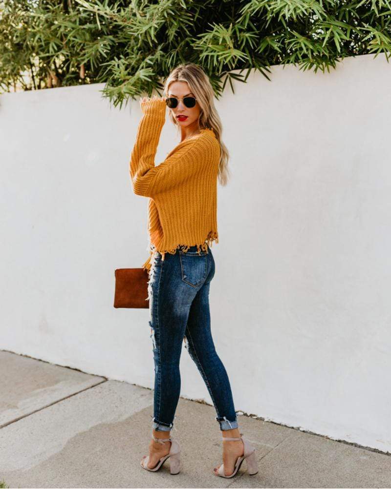 Yellow Fringed Edges Knit Sweater