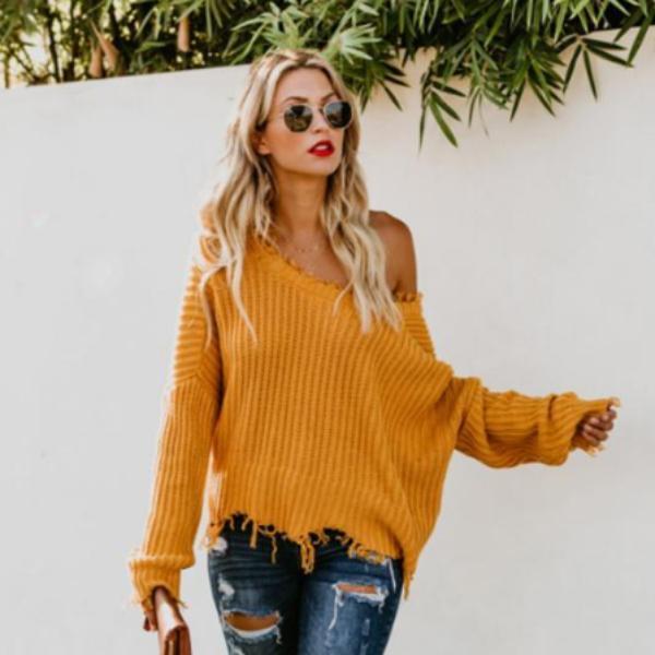 Yellow Fringed Edges Knit Sweater