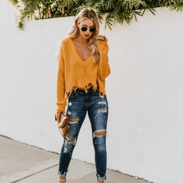 Yellow Fringed Edges Knit Sweater