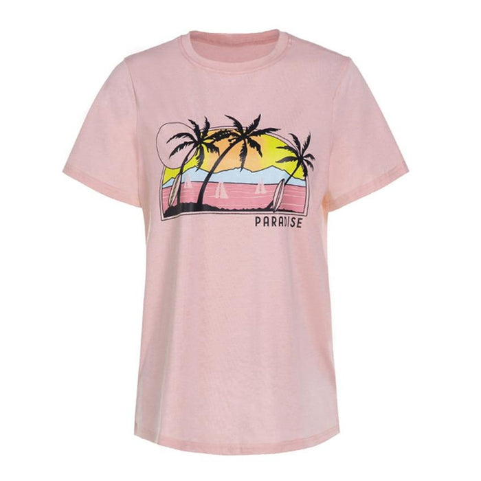 Camiseta rosa con palmera del paraíso 