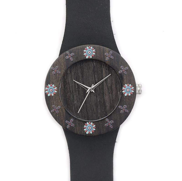 BOBO BIRD Wooden Face Leather Strap Watch with Floral Design