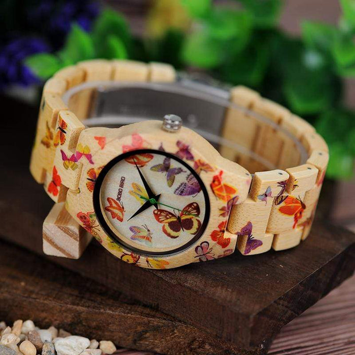 BOBO BIRD bamboe houten horloge met vlinderprint 