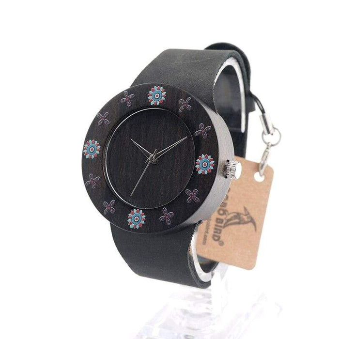 BOBO BIRD Wooden Face Leather Strap Watch with Floral Design