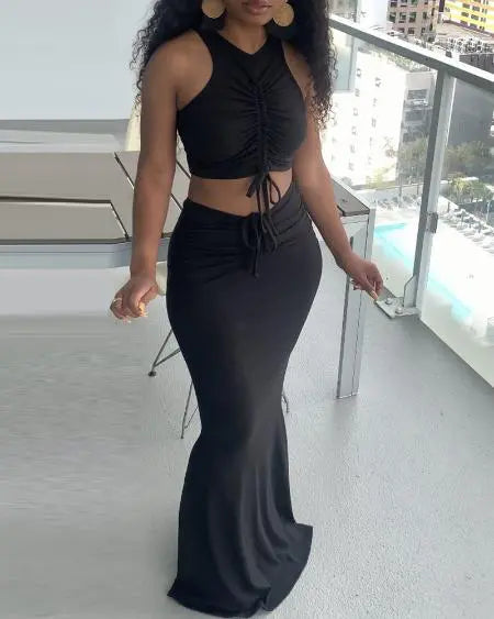 Ribbed Top & Skirt Set with Drawstring Detail