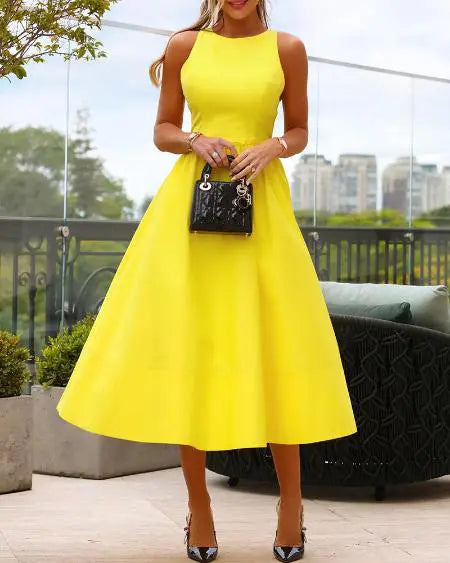 Sleeveless Dress with Round Neck and Flare Design