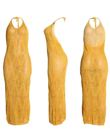 Beach Dress Cover Up: Halter with Hollow-Out Crochet Design
