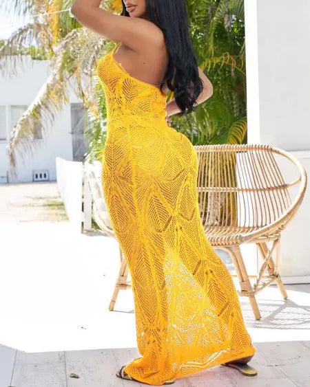 Beach Dress Cover Up: Halter with Hollow-Out Crochet Design