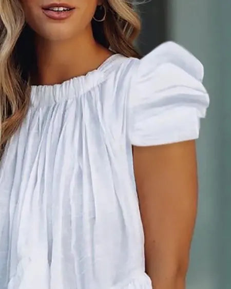 Ruched Top with Puff Sleeves and Ruffle Hem