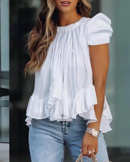 Ruched Top with Puff Sleeves and Ruffle Hem