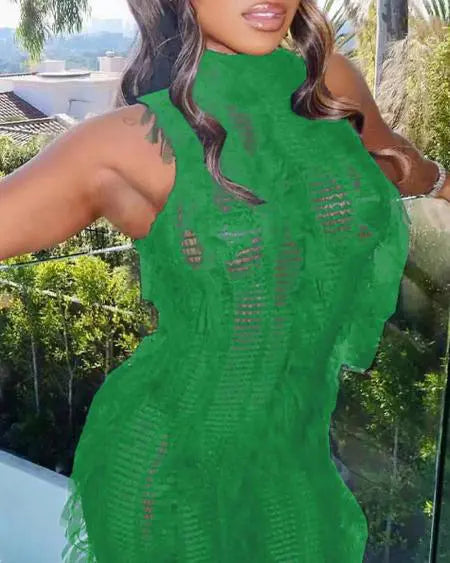 Beach Dress Cover Up: Sleeveless with Crochet & Tassel Design