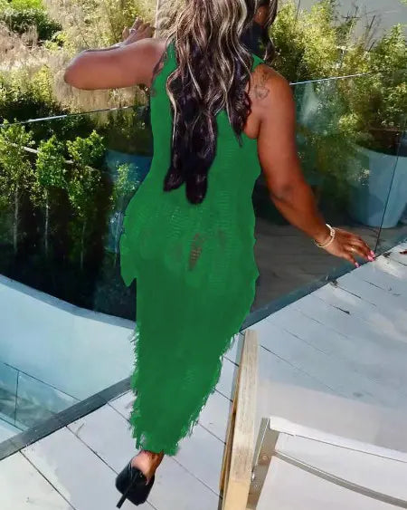 Beach Dress Cover Up: Sleeveless with Crochet & Tassel Design