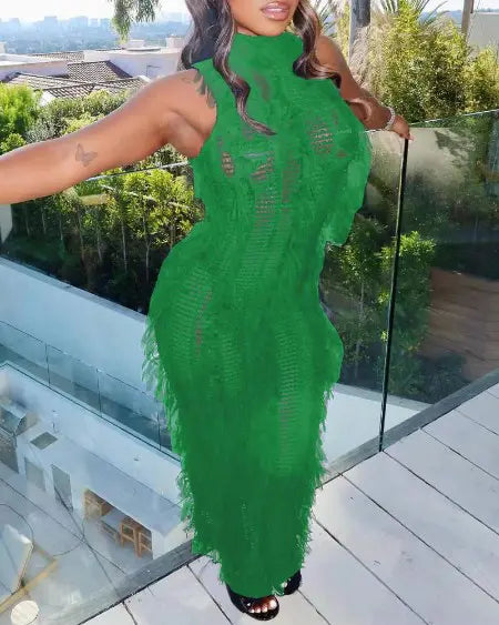 Beach Dress Cover Up: Sleeveless with Crochet & Tassel Design