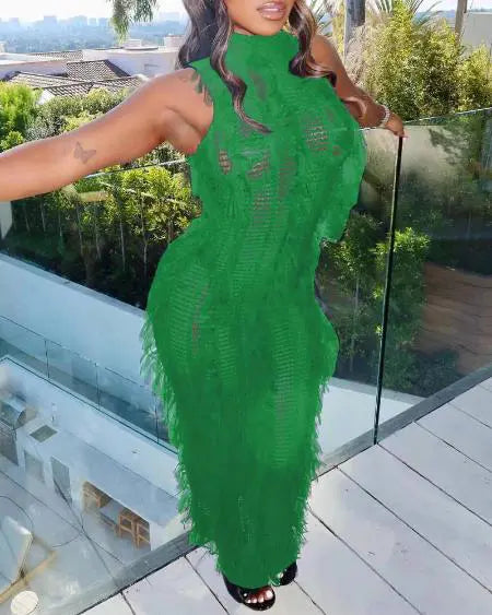 Beach Dress Cover Up: Sleeveless with Crochet & Tassel Design