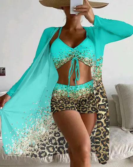 3-Piece Bikini Set: Contrast Leopard Print Drawstring Detail & Cover Up