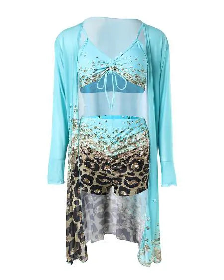 3-Piece Bikini Set: Contrast Leopard Print Drawstring Detail & Cover Up