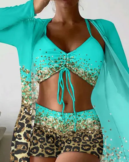 3-Piece Bikini Set: Contrast Leopard Print Drawstring Detail & Cover Up