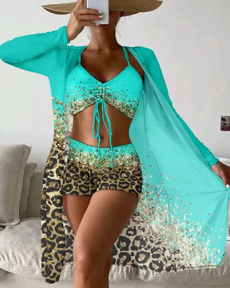 3-Piece Bikini Set: Contrast Leopard Print Drawstring Detail & Cover Up