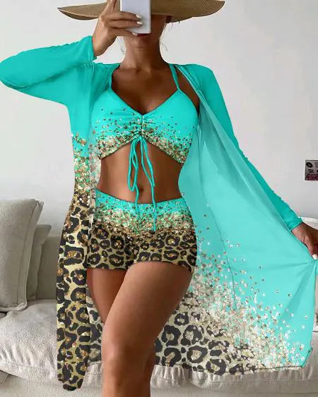 3-Piece Bikini Set: Contrast Leopard Print Drawstring Detail & Cover Up
