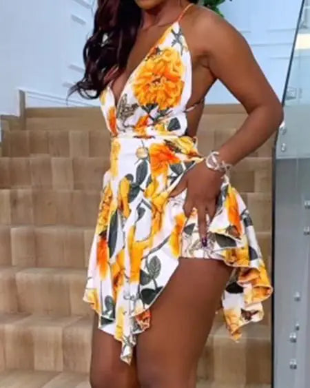 Plunge Romper with Tropical Print & Ruffle Hem