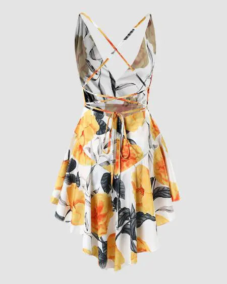 Plunge Romper with Tropical Print & Ruffle Hem