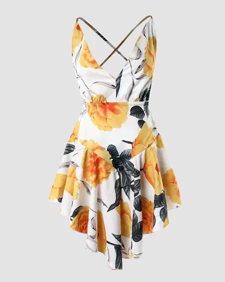 Plunge Romper with Tropical Print & Ruffle Hem