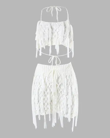 Crop Top & Shorts Set with Crochet & Tassels