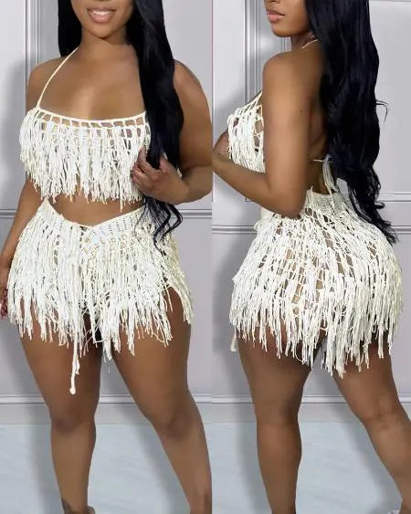 Crop Top & Shorts Set with Crochet & Tassels