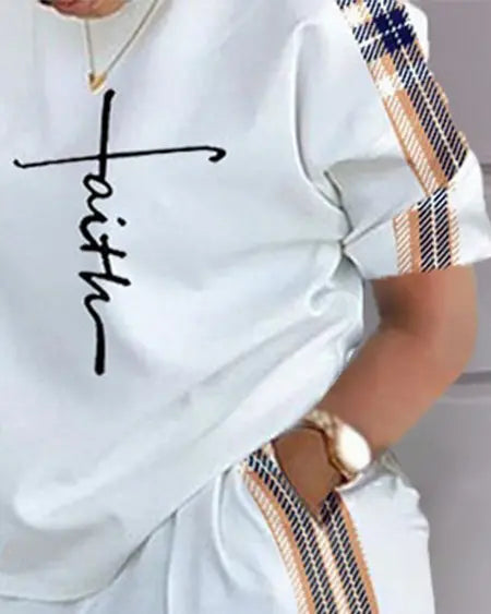 Plus Size Top & Shorts Set with Faith and Plaid Print