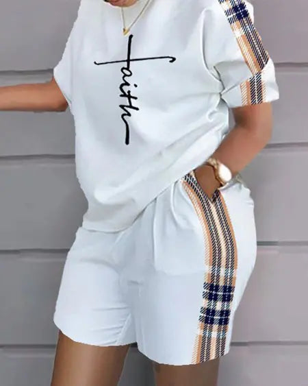 Plus Size Top & Shorts Set with Faith and Plaid Print