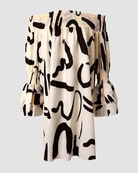 Off-Shoulder Dress with Abstract Print and Shirring