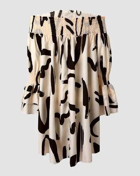 Off-shoulder jurk met abstracte print en plooien 
