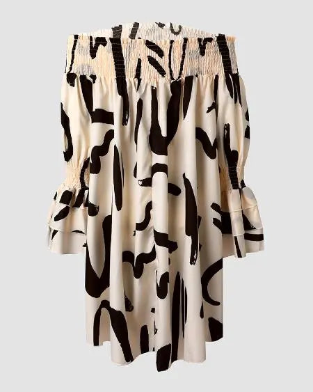 Off-Shoulder Dress with Abstract Print and Shirring