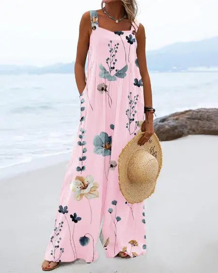 Suspender Jumpsuit with Floral Print & Wide Leg Design