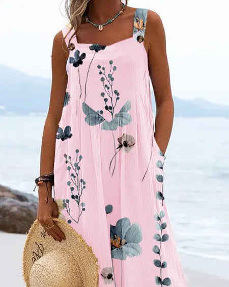 Suspender Jumpsuit with Floral Print & Wide Leg Design